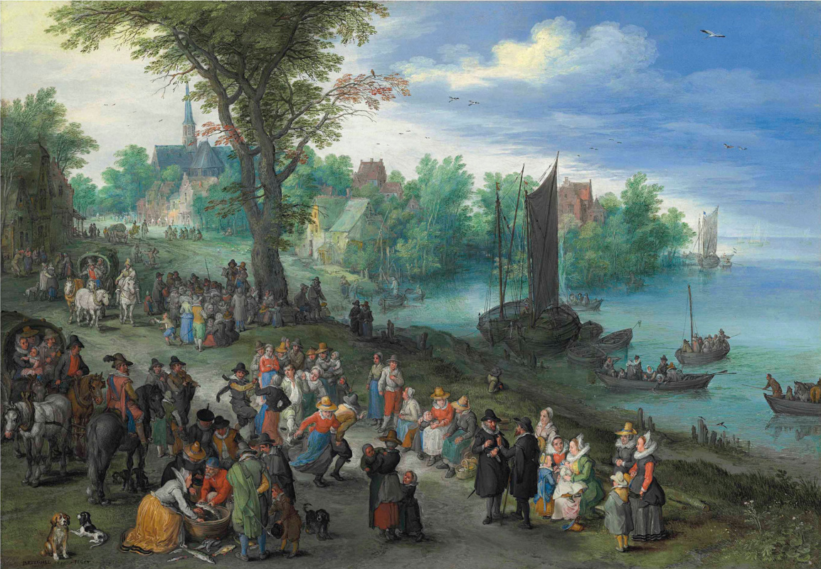 Ян Брейгель Старший. Танцующие фигуры на берегу реки с продавцом рыбы и портретом художника на переднем плане
