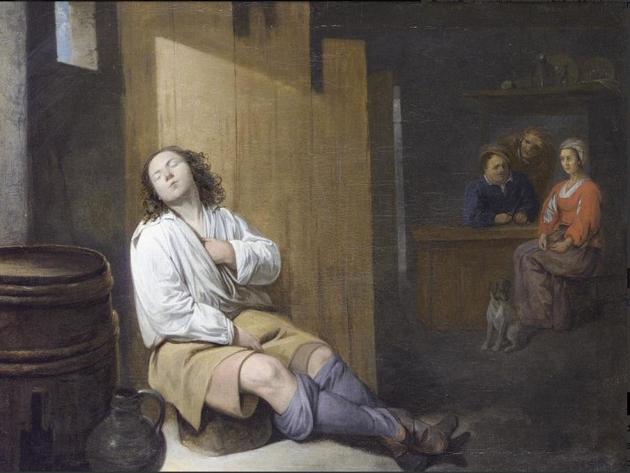 Давид Рейкарт. Интерьер таверны со спящим  молодым человеком и фигурами сидящими за столом