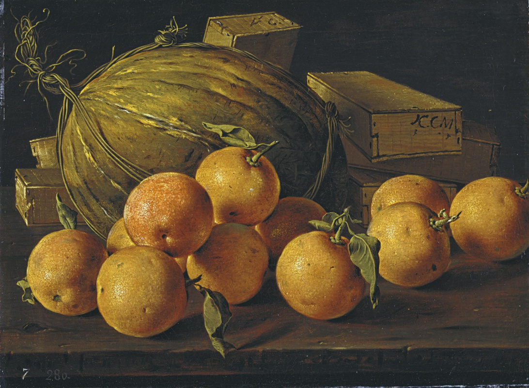 Луис Мелендес. Натюрморт с апельсинами, дыней и коробками