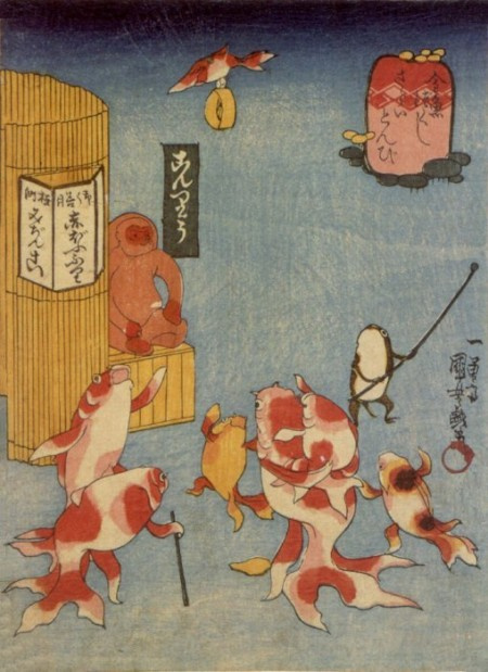 Утагава Куниёси. Японские сказки о рыбах: Внезапная атака парящего черного коршуна (очень маленького коршуна)