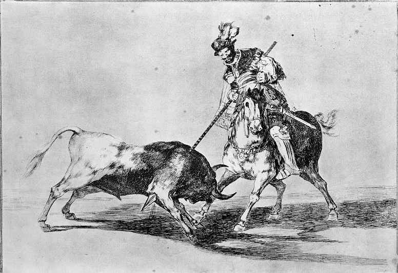 Франсиско Гойя. Серия "Тавромахия", лист 09: Испанский рыцарь Эль Сид верхом на коне поражает копьем быка