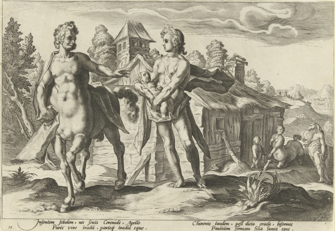 Хендрик Гольциус. Аполлон доверяет Асклепия Хирону. 1590 резцовая гравюра