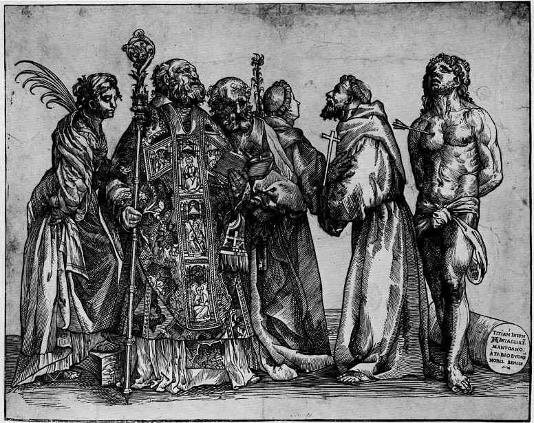 Тициан Вечеллио. Шестеро святых, справа налево: Екатерина, Николай, Пётр, Антоний, Франциск, Себастьян