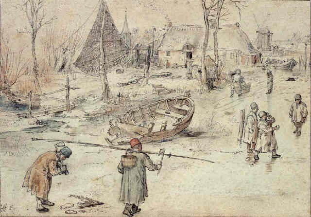 Хендрик Аверкамп. Зимняя сцена с рыбаками и играющими детьми
