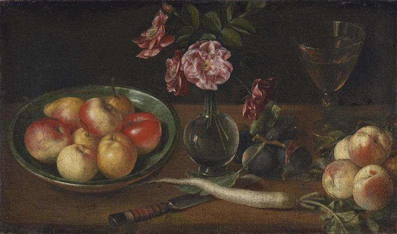 Йозеф Плепп. Натюрморт с тарелкой яблок, бокалом, редькой и фруктами