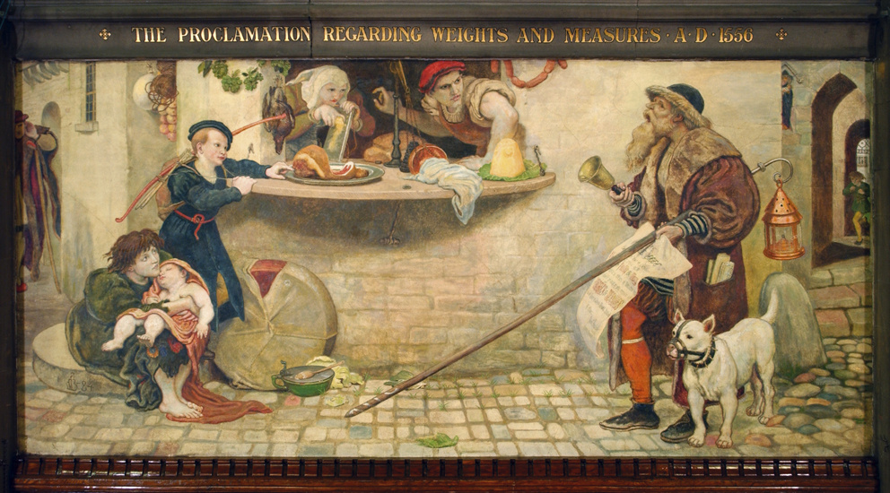 Форд Мэдокс Браун. Прокламация о весах и мерах 1556 года. Фреска мурала здания Манчестерской ратуши