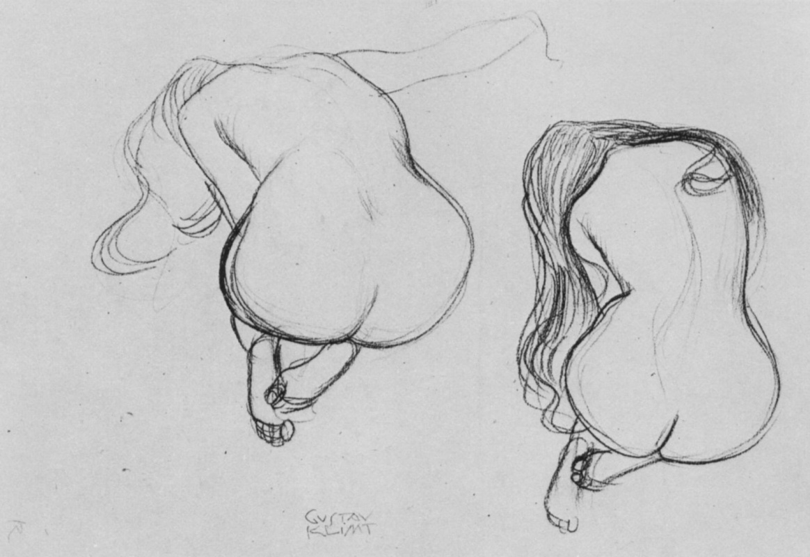 Густав Климт. Два этюда сидящей на коленях обнаженной с длинными волосами, со спины