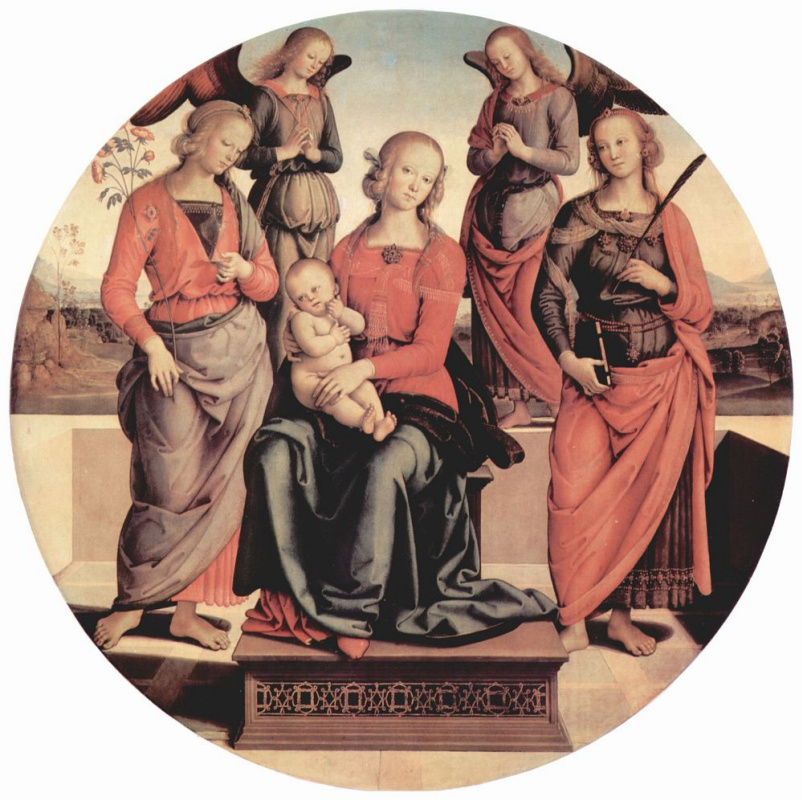 Пьетро Перуджино. Мадонна на престоле с двумя ангелами, св. Розой и св. Екатериной Александрийской, тондо