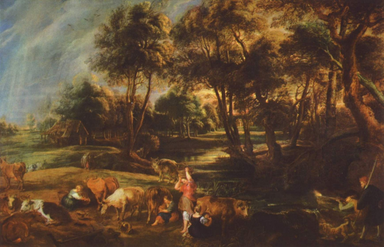 Питер Пауль Рубенс. Пейзаж со стадом коров и охотниками на уток