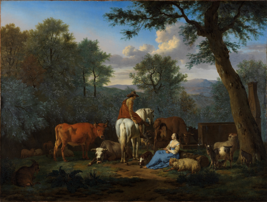 Адриан ван де Вельде. Пейзаж с людьми и коровами