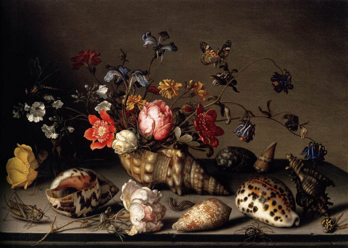 Балтазар ван дер Аст. Натюрморт с цветами в раковине и насекомыми