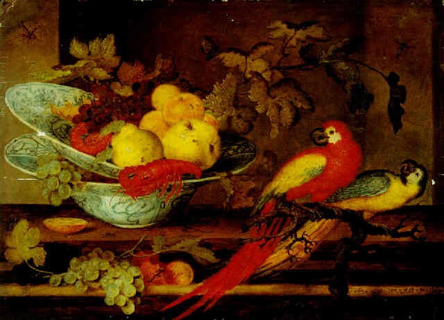 Балтазар ван дер Аст. Натюрморт с фруктами и раками в двух фарфоровых чашах и двумя попугаями на ветке
