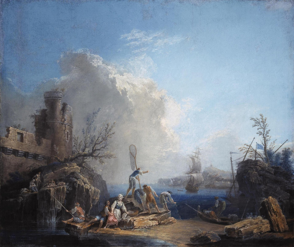 Пьер-Жак Волер. Морской пейзаж с рыбаками на скалистом берегу.