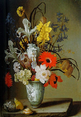 Балтазар ван дер Аст. Натюрморт с цветами в фарфоровой вазе и раковинами на столе