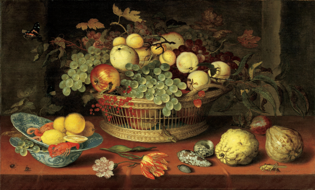 Балтазар ван дер Аст. Корзина с фруктами и тарелка с лимонами и морепродуктами