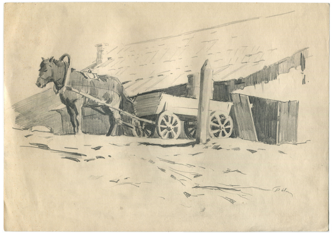 Александрович Рудольф Павлов. Лошадь с телегой возле дома. 1961г.