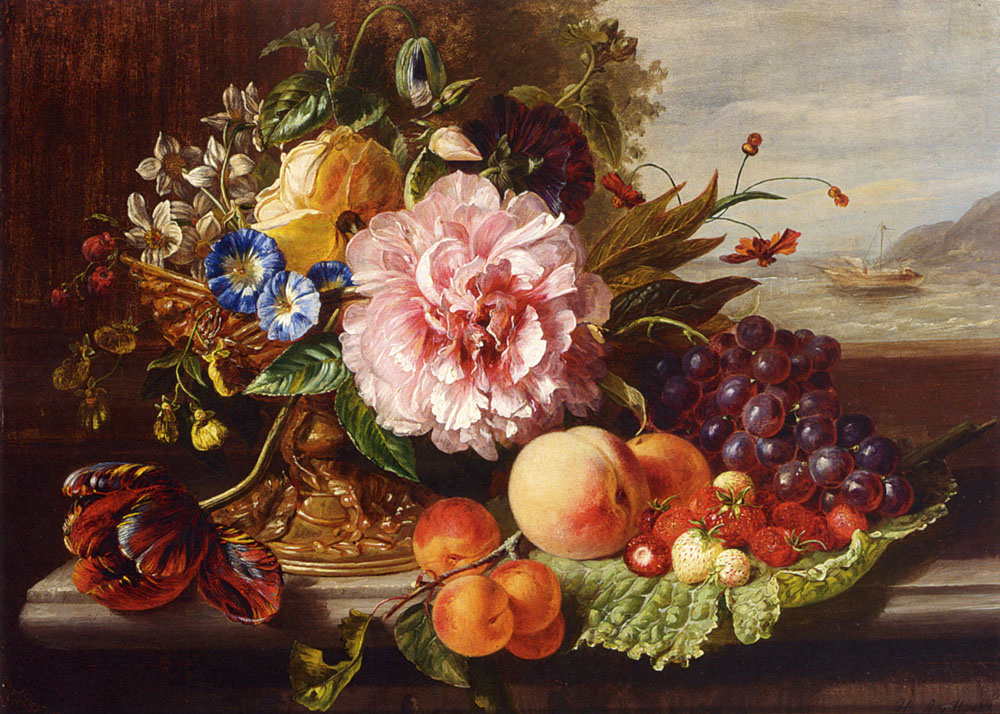 Хелен Августа Гамбургер. Натюрморт с цветами и фруктами