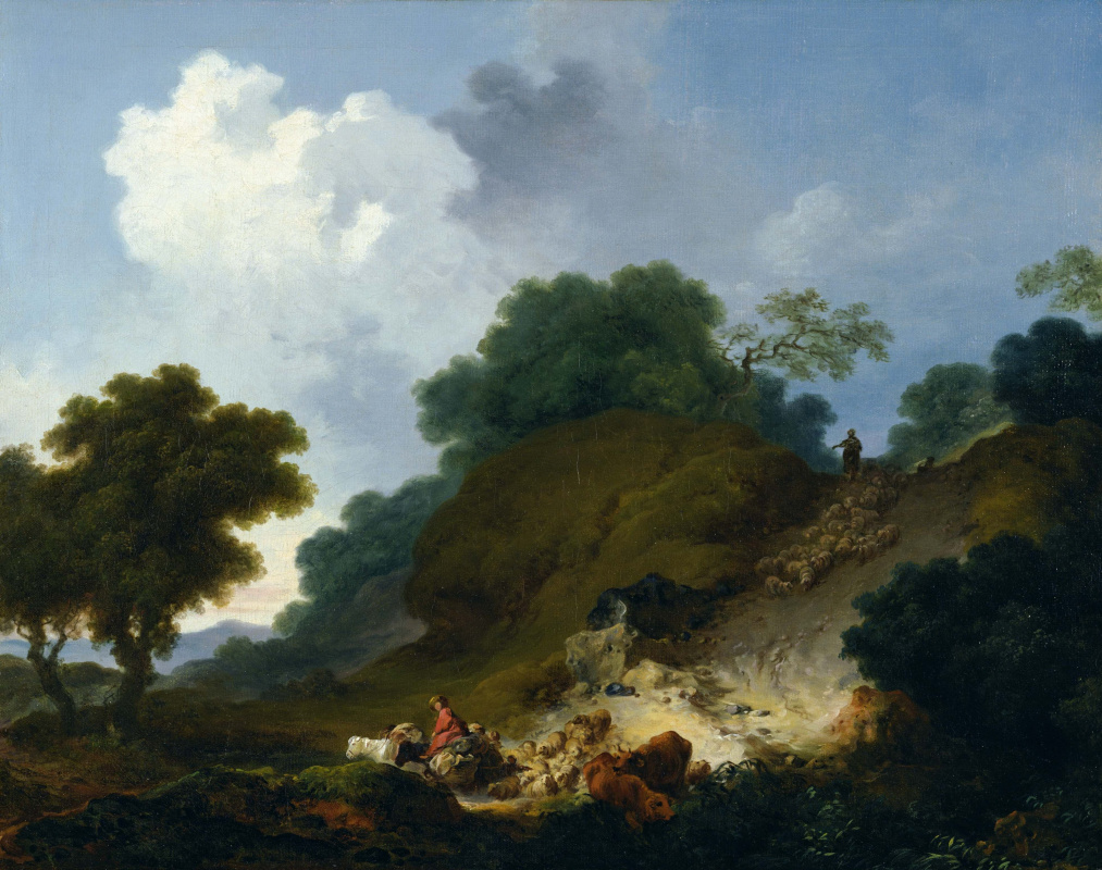 Жан Оноре Фрагонар. Пейзаж с пастухами и стадом овец