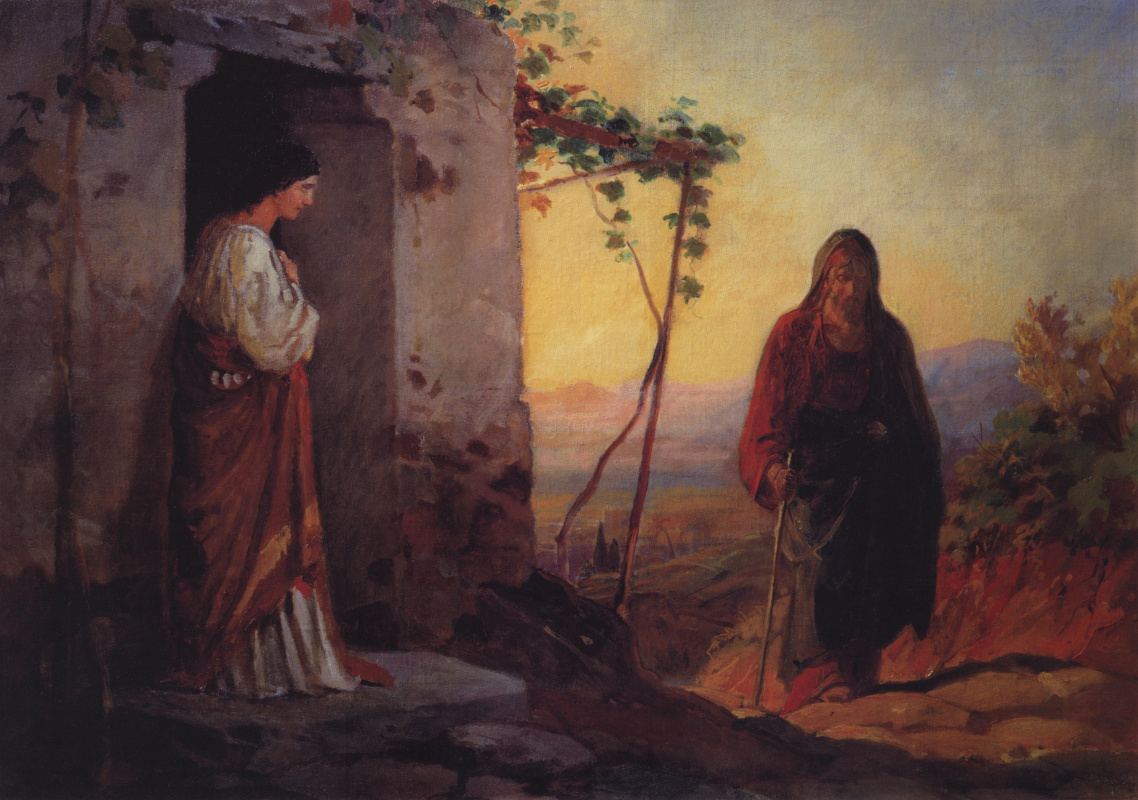 Николай Николаевич Ге. Мария, сестра Лазаря, встречает Иисуса Христа, идущего к ним в дом. Эскиз неосуществленной картины