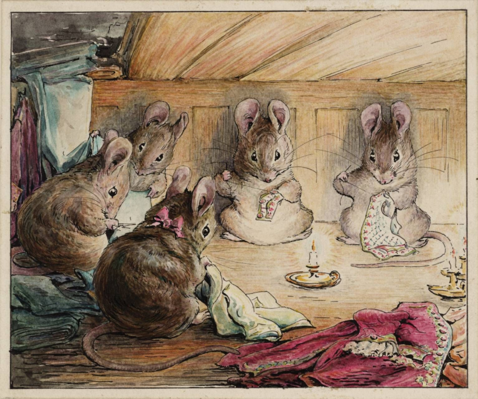 Элен Беатрикс Поттер. Мыши за шитьём пальто мэра. Иллюстрация для «Портной из Глостера"