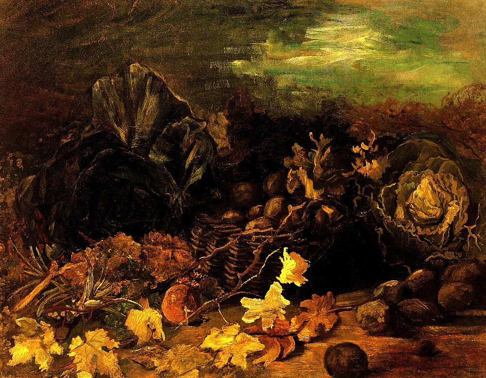 Винсент Ван Гог. Натюрморт с корзиной картофеля среди осенних листьев и овощей