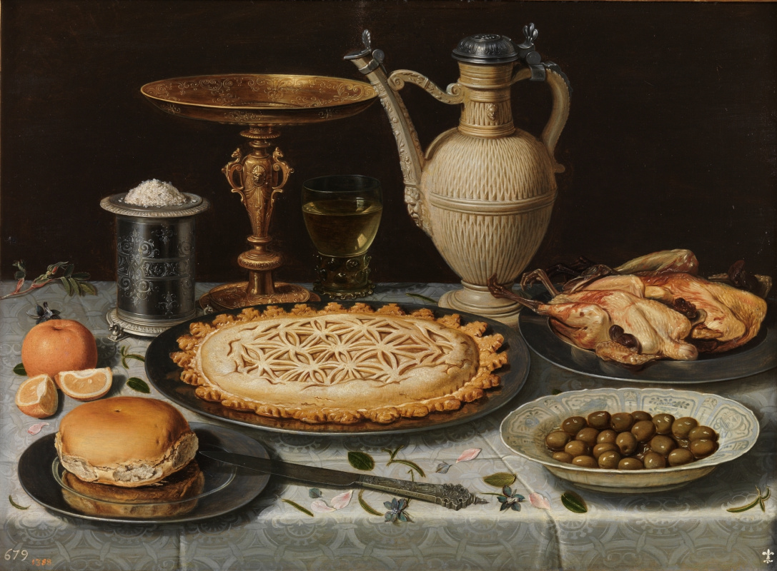 Клара Петерс. Стол со скатертью, солонкой, позолоченной чашей, пирогом, фарфоровой тарелкой с маслинами и варёной птицей