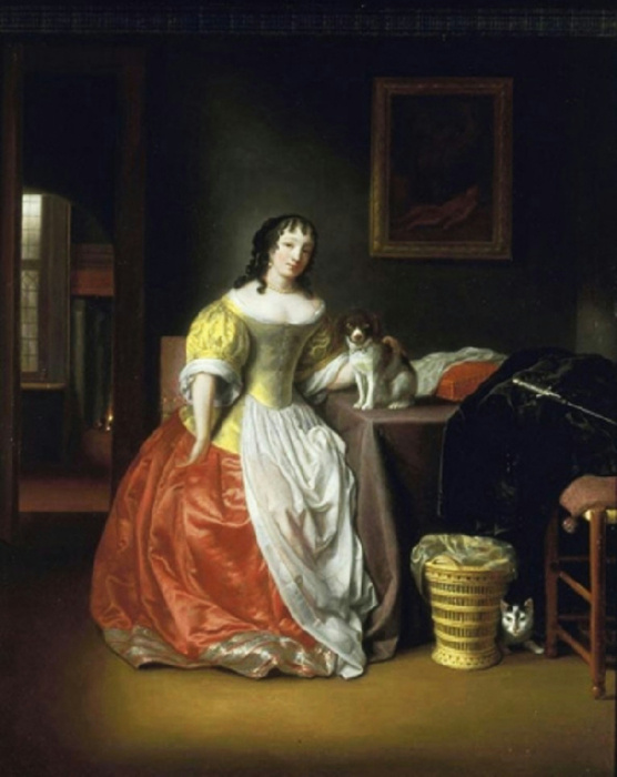 Дама в желто-красном платье и собачка