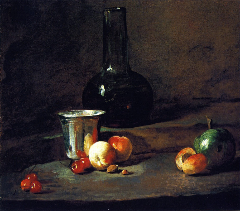 Жан Батист Симеон Шарден. Натюрморт с бутылкой вина, кубком, персиками, абрикосами, вишнями грушей