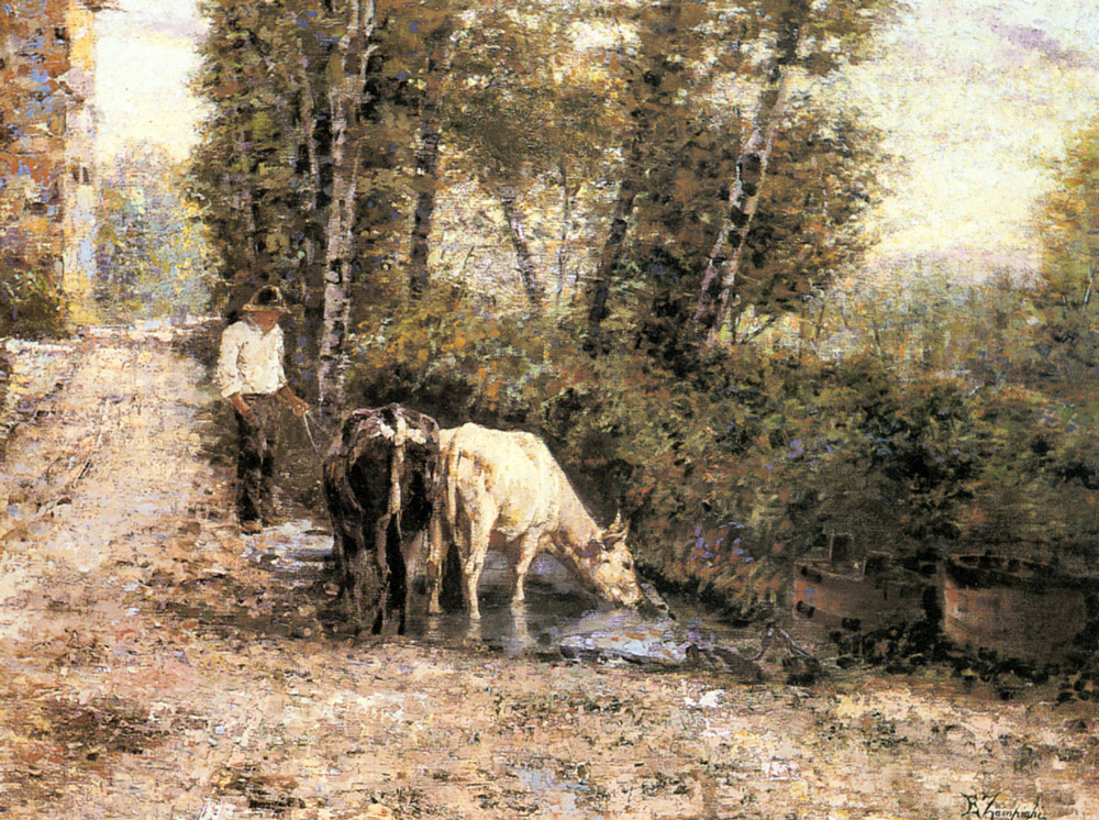 Эухенио Зампиги. Коровы на водопое в тихом бассейне