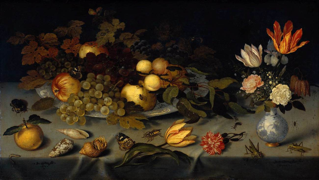 Балтазар ван дер Аст. Натюрморт с цветами в вазе и фруктами на блюде