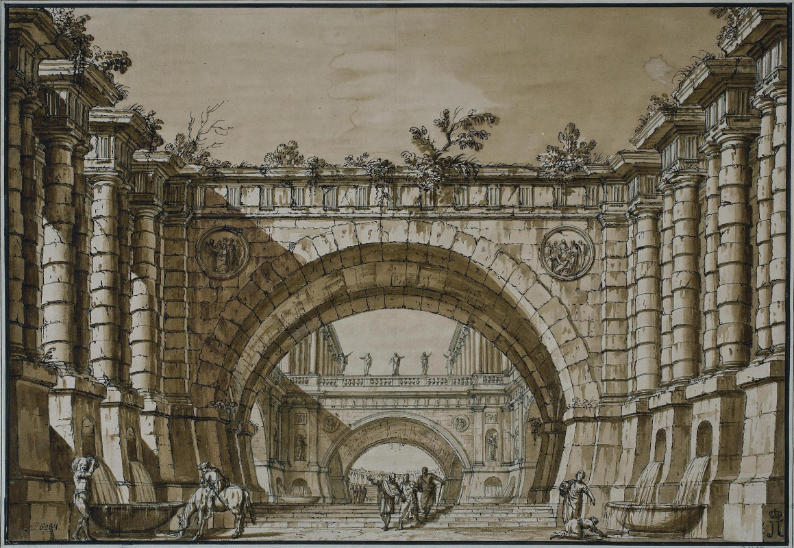 Джузеппе Валериани. Перспектива с двумя арками и фигурами на переднем плане