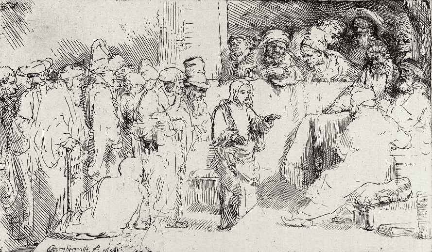 Рембрандт Харменс ван Рейн. Стоящий мальчик Иисус и книжники