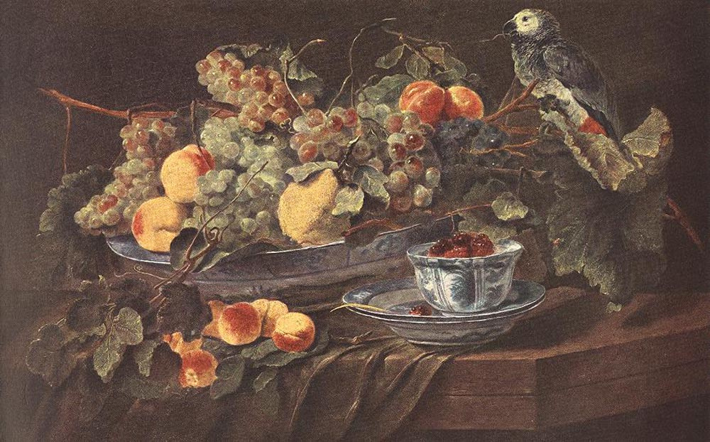 Ян Фейт. Натюрморт с фруктами и попугаем