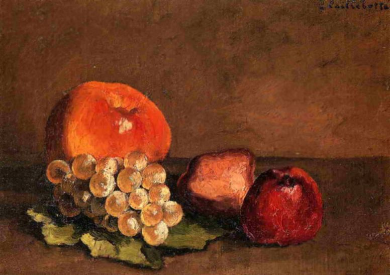 Гюстав Кайботт. Персики, яблоки и виноград на листьях виноградной лозы