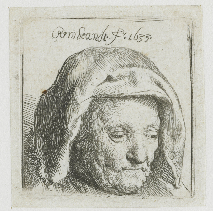 Рембрандт Харменс ван Рейн. Мать художника в платке, смотрящая вниз