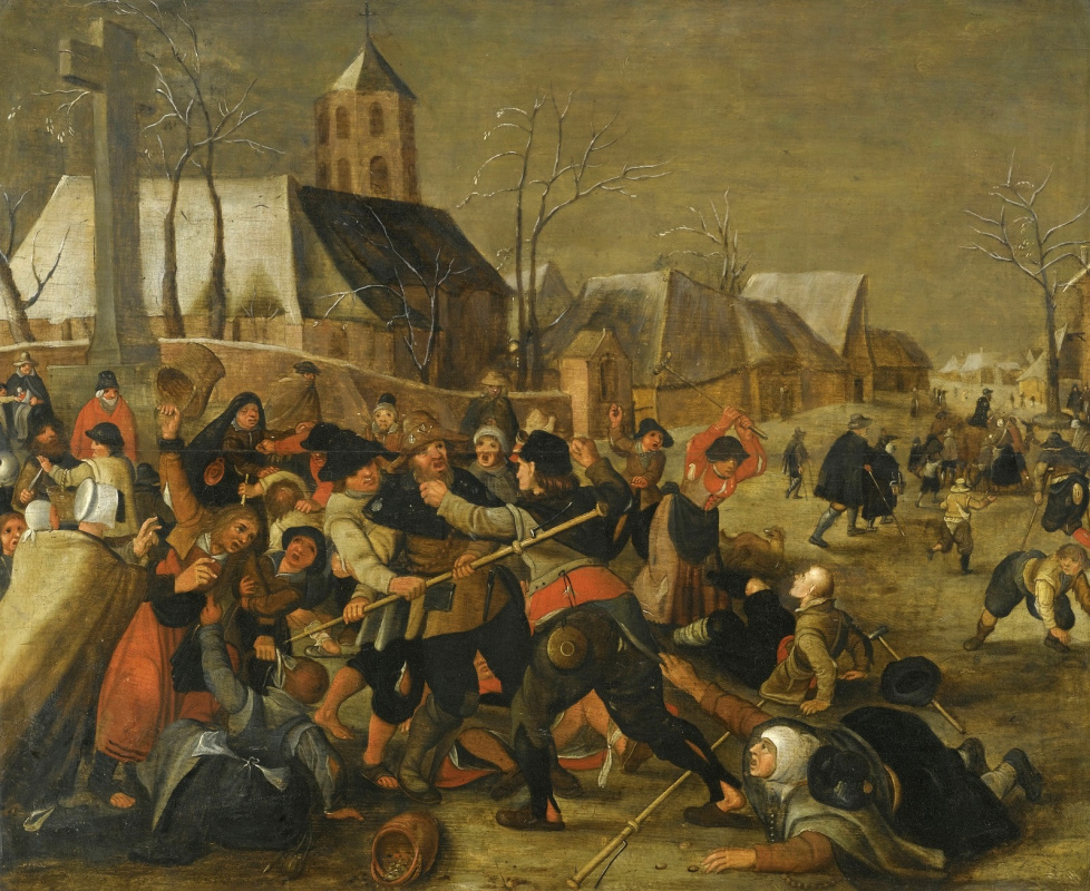 Мартин ван Клеве. Зимний пейзаж с крестьянской ссорой возле церкви