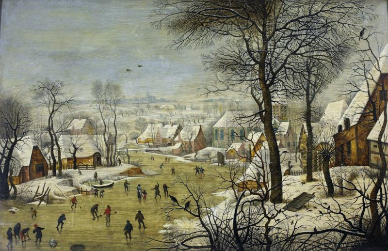 Питер Брейгель Младший. Зимний пейзаж с деревней, катком и ловушкой для птиц