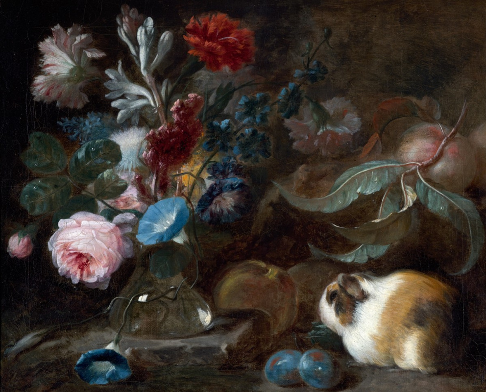Франц Вернер фон Тамм. Натюрморт с морской свинкой, цветами и фруктами