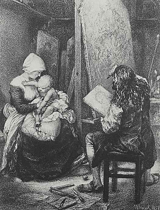 Адольф фон Менцель. Альбрехт Дюрер пишет в мастерской горожанку с ребенком как Мадонну