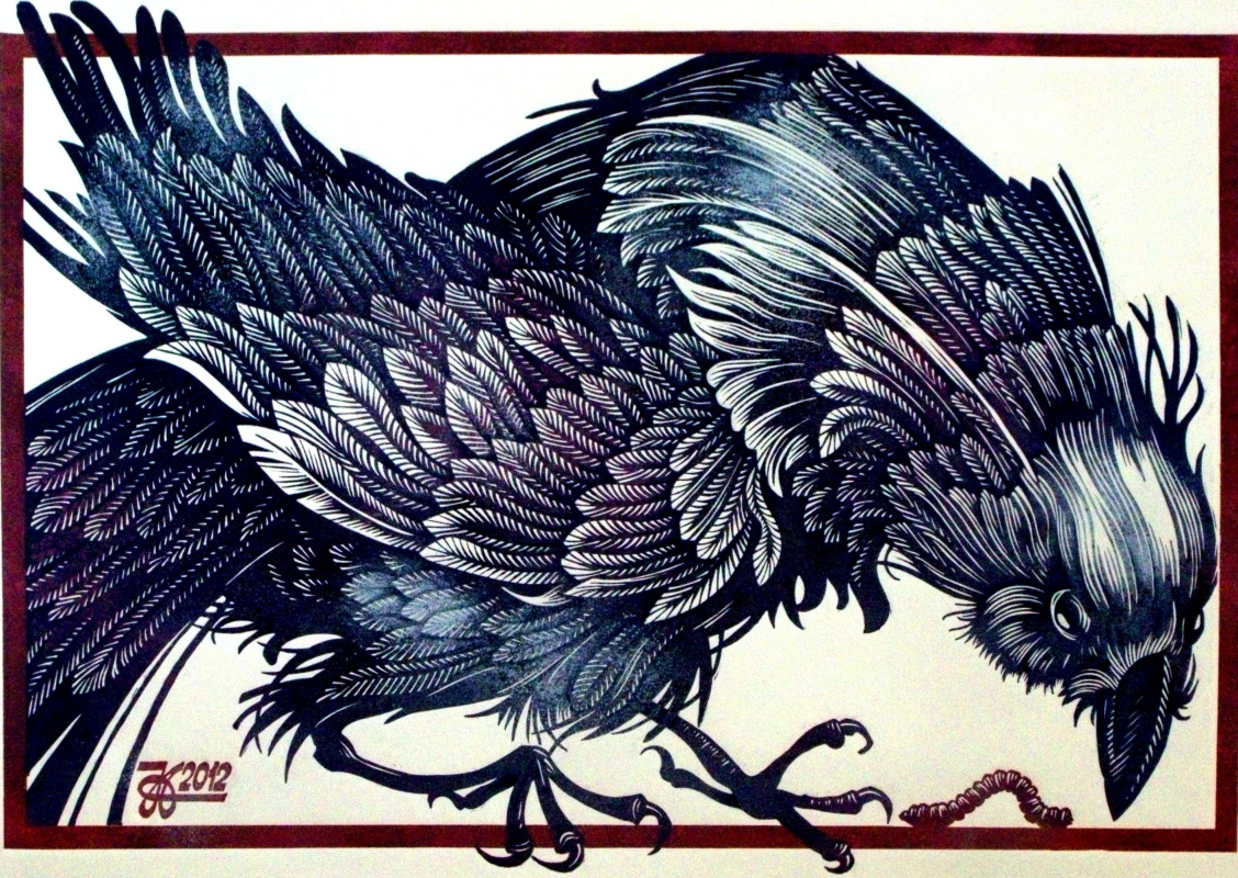 Владимир Катаев. «Птица любопытная», линогравюра, 45Х64,5 , 2012год