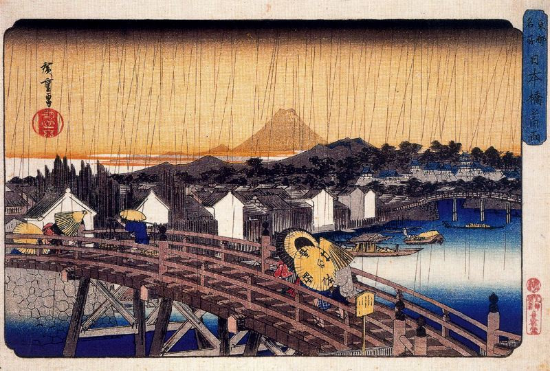 Утагава Хиросигэ. Ливень на мосту Нихонбаси. Серия "Известные места восточной столицы"