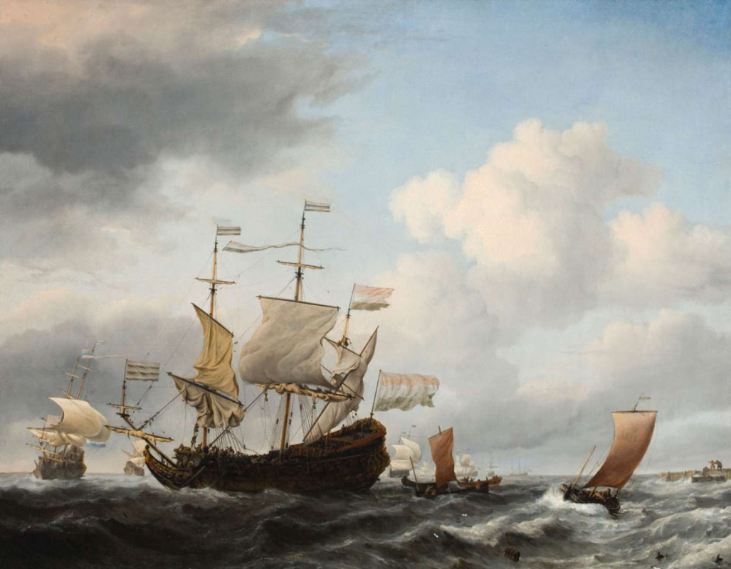 Виллем ван де Вельде Младший. Голландский флагман становится на якорь близ побережья при свежем ветре