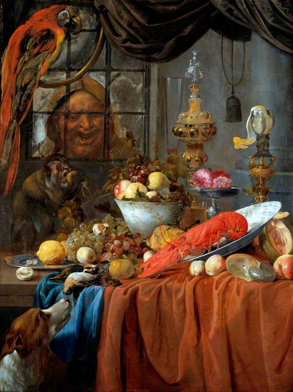 Виллем ван Алст. Натюрморт: фрукты, омар и серебряная посуда