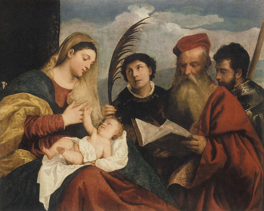 Тициан Вечеллио. Мария с младенцем, святым Стефаном, святым Иеронимом и святым Маурицием
