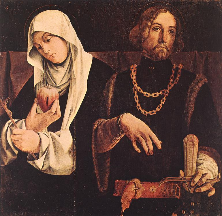 Лоренцо Лотто. Алтарный полиптих Реканати, навершие правой створки. Св. Екатерина Сиенская и св. Сигизмунд