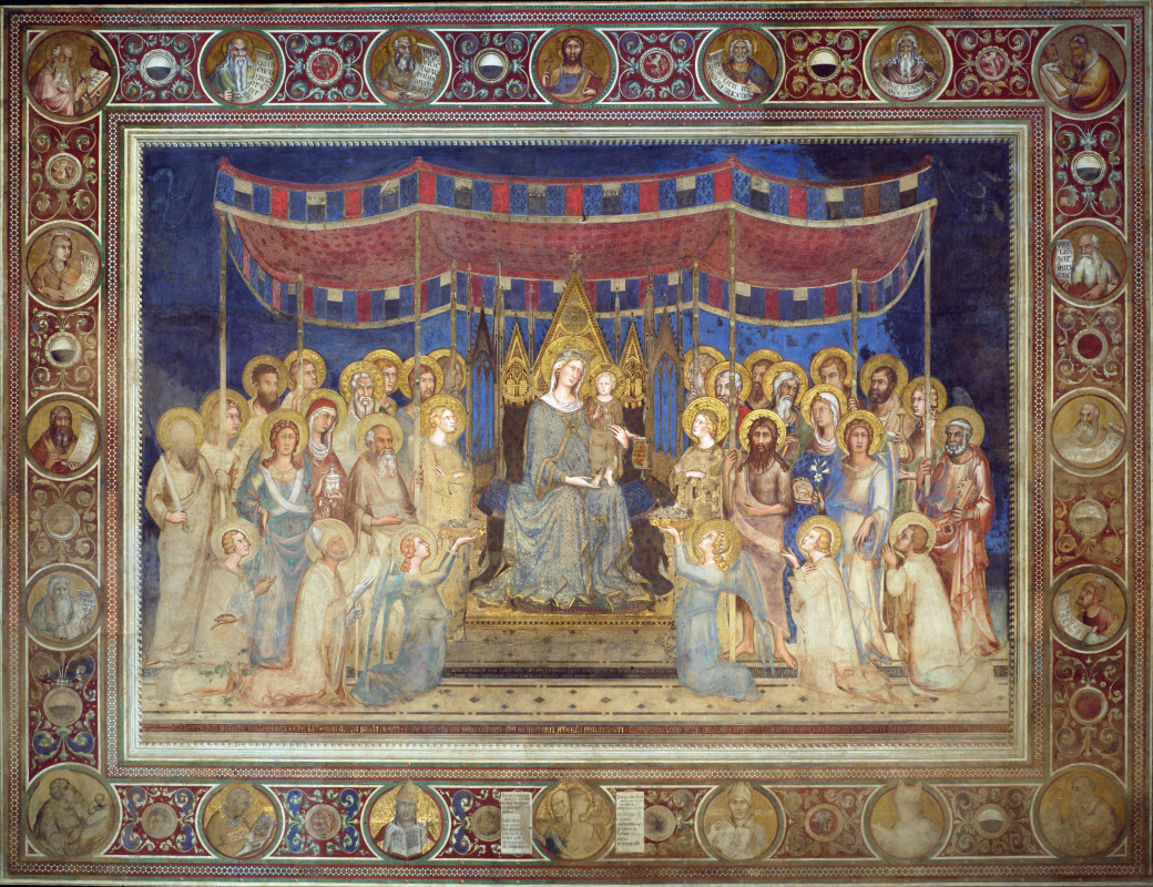Симоне Мартини. Маэста, Мадонна на троне как патронесса города, окруженная святыми, фреска в Палаццо Пубблико в Сиене