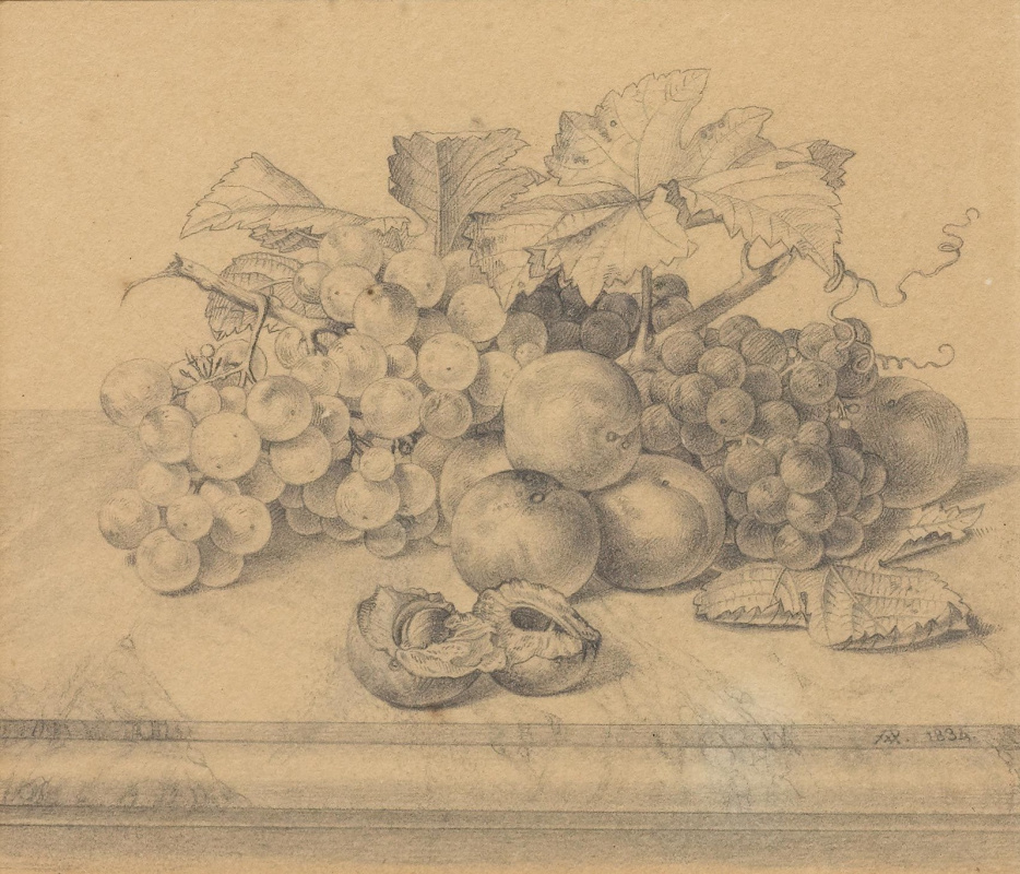 Иоганн Вильгельм Прейер. Натюрморт с фруктами и орехами на мраморном столе. 1834