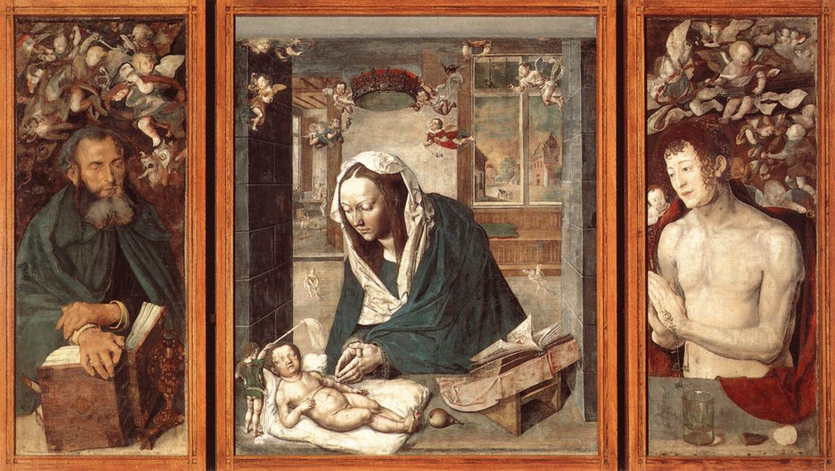 Альбрехт Дюрер. Дрезденский алтарь. Центральная часть: Богородица с Младенцем; левая створка: Святой Антоний; правая: Святой Себастьян