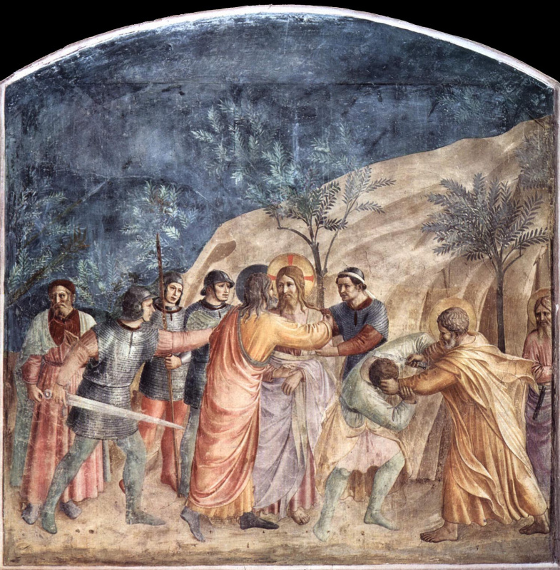 Фра Беато Анджелико. Взятие Христа под стражу и поцелуй Иуды. Фреска монастыря Сан Марко, Флоренция