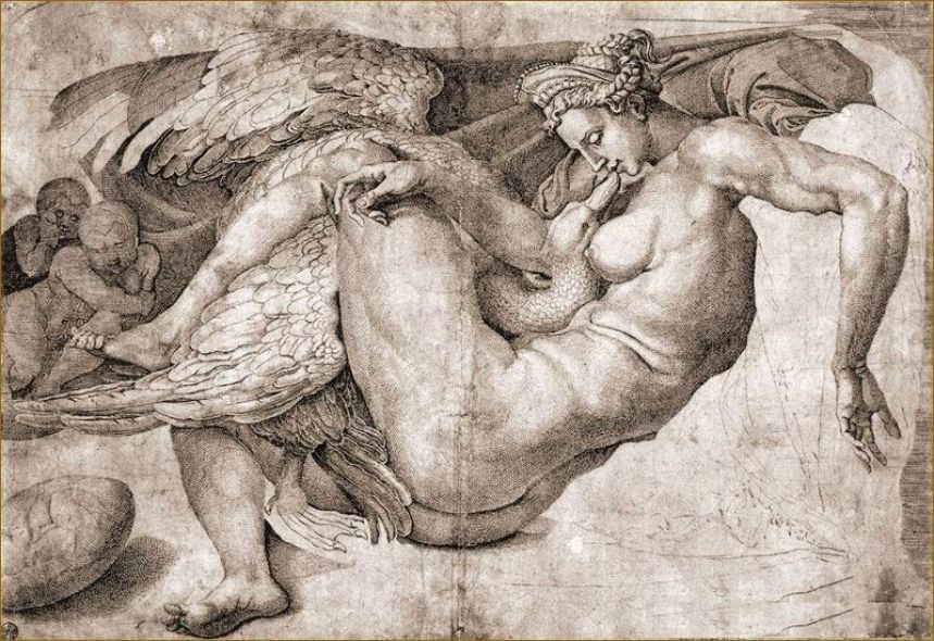 Микеланджело Буонарроти. Гравюра с уничтоженной картины «Леда и лебедь»